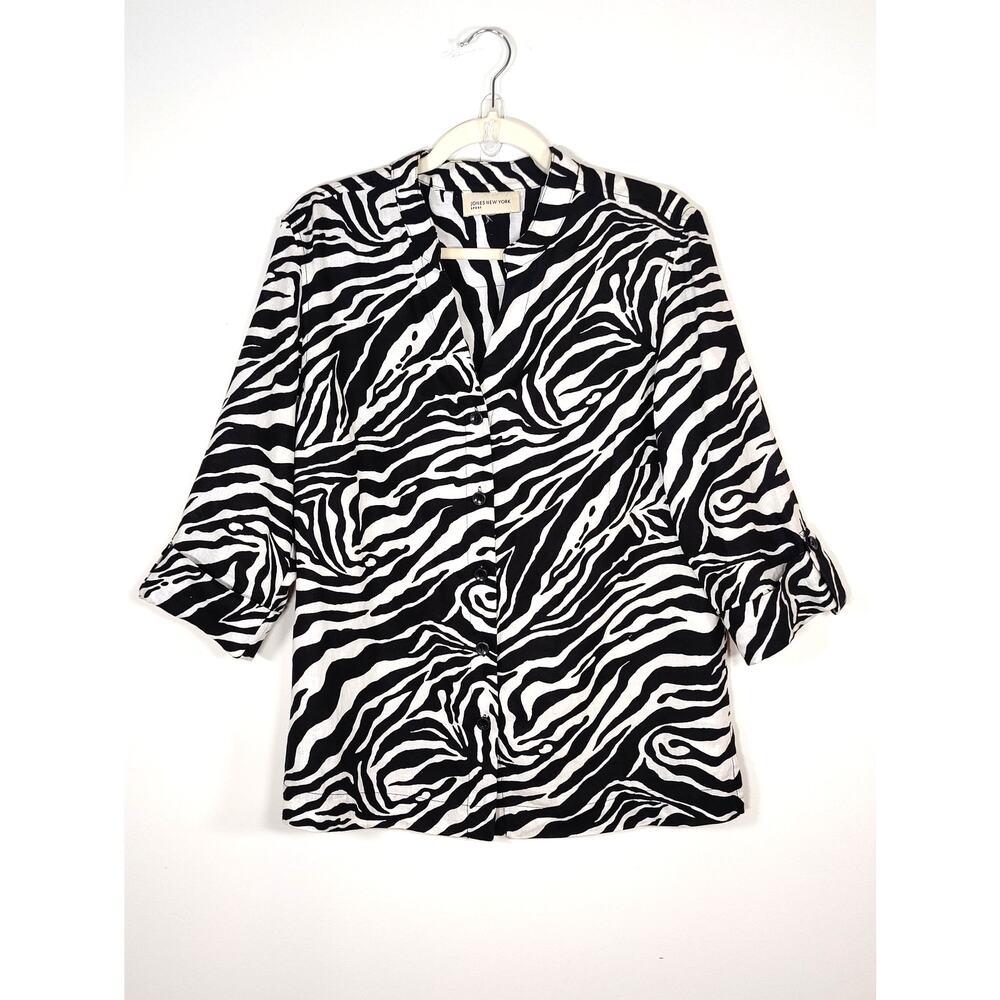 100% Linen Zebra Print Button Up Blouse Black White Petite XL Lagenlook Resort